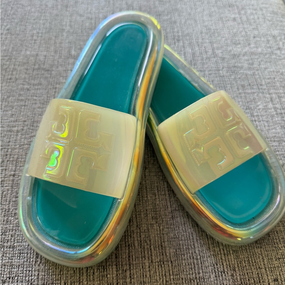 Tory Burch Iridescent Slide Sandals - Teal and Cream
